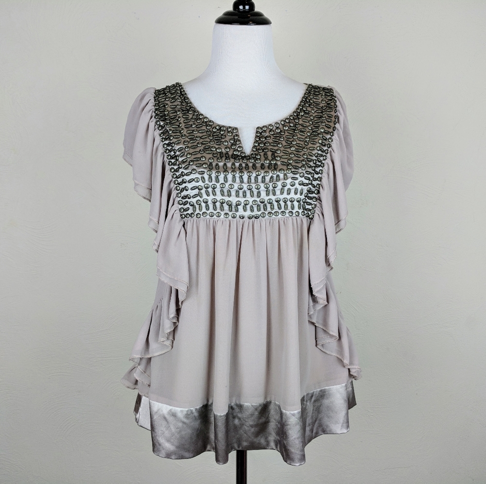 Ryu Blouse Top Taupe Gray Beaded Ruffle Dressy Boho Eclectic Embellished Y2K